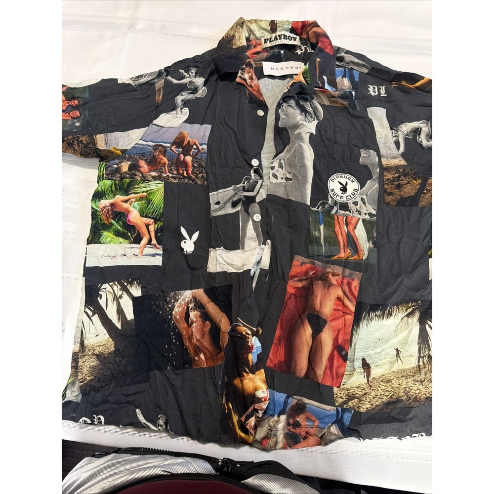 Playboy by PacSun Mens Medium Black Surf Club Collage Print Button Up Shirt NEW
